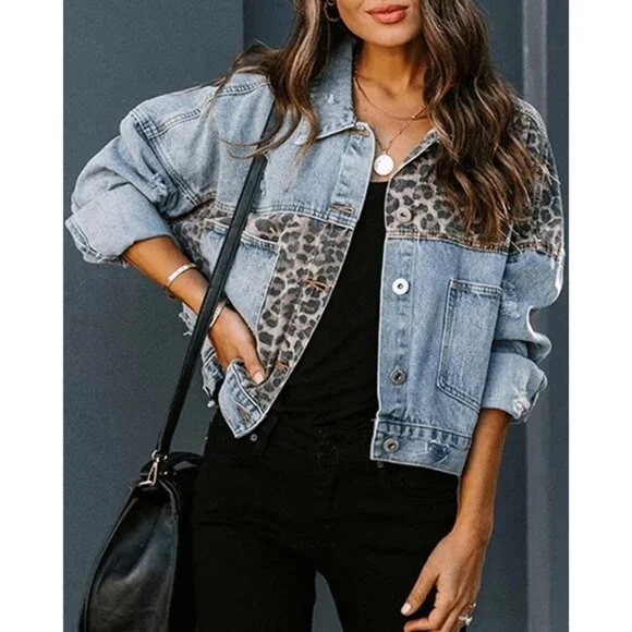 Women's Loose Button Down Cropped Denim Jacket Long Sleeves Cheetah Blue